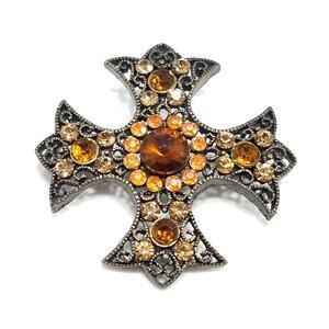 Vintage Maltese Cross Brooch, Antique Gold Tone, Topaz Rhinestones, 1960 Jewelry